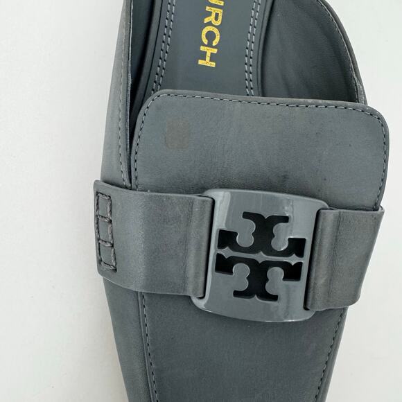 Tory Burch Georgia Leather Loafer Backless Mules in Light Blue Gray Logo 9.5 M - Picture 6 of 13